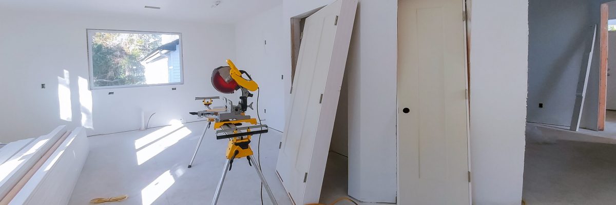 Interior construction of housing with drywall installed door for a new home before installing